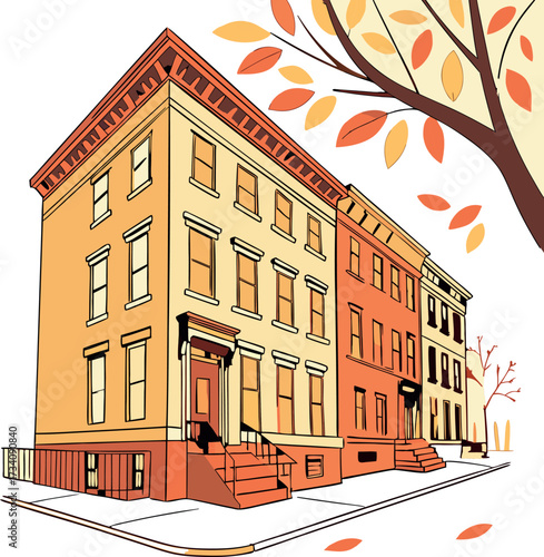 Autumn Row Houses Illustration