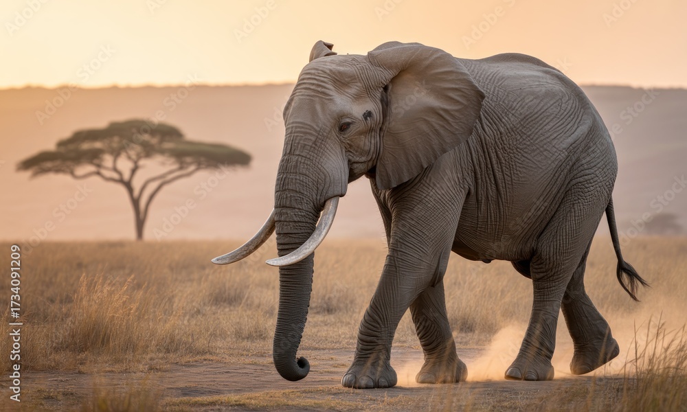 Fototapeta premium African elephant in golden savanna sunrise