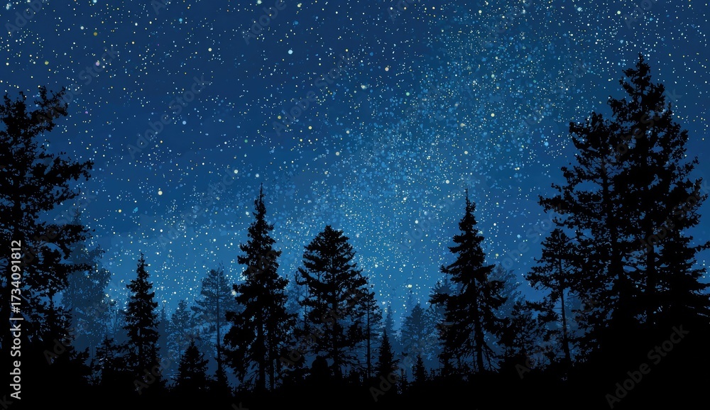 Fototapeta premium Dark silhouettes of pine trees against a vast night sky filled with stars and the Milky Way