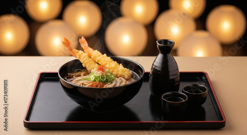 Toshikoshi Soba and Sake Set for Japanese New Year's Eve Dinner on Black Tray