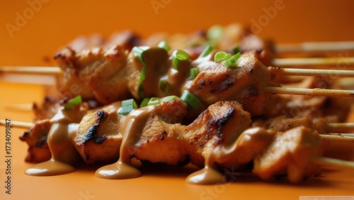 Grilled Chicken Satay Skewers with Peanut Sauce on Plate