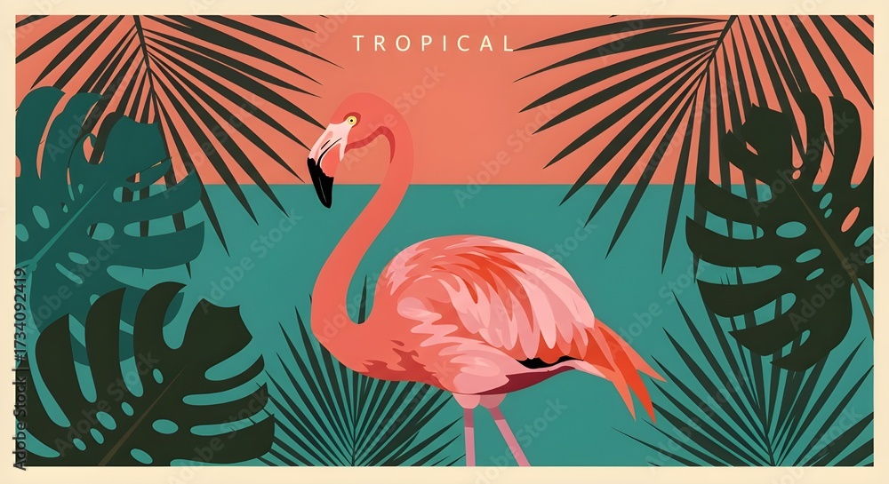 Naklejka premium Tropical poster with pink flamingo and large palm fronds, graphic composition, saturated midtones
