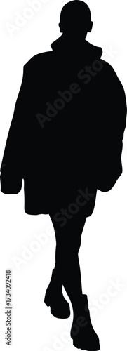 Walking Man Silhouette in Overcoat, Vector Graphic