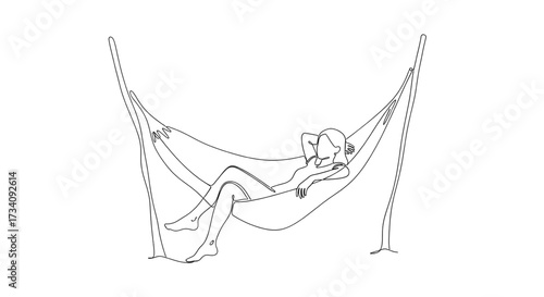 Minimalist line drawing of a person relaxing in a hammock on white background