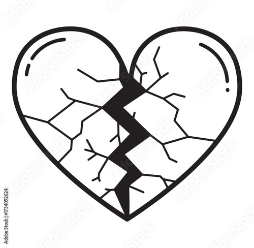 Simple black and white illustration of a cracked heart representing heartbreak and sadness.