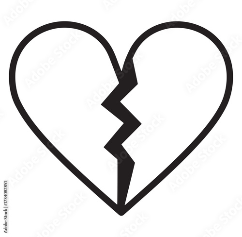 Simple black and white outline illustration of a broken heart symbol on white background