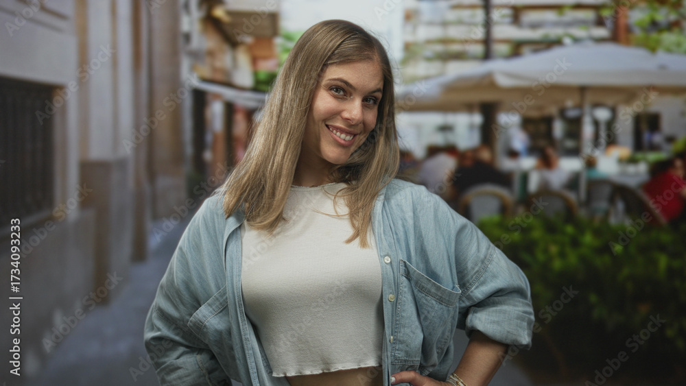 Fototapeta premium Woman stands with hands on hips and smiles beside outdoor restaurant tables on street; carefree confidence.