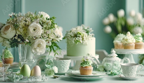 Pastel-toned Easter spread with floral arrangements, cakes, and cupcakes