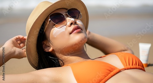 Woman in orange bikini sunbathing on the beach.