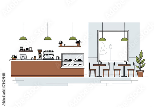 Modern Cafe Interior with Coffee Bar and Seating
