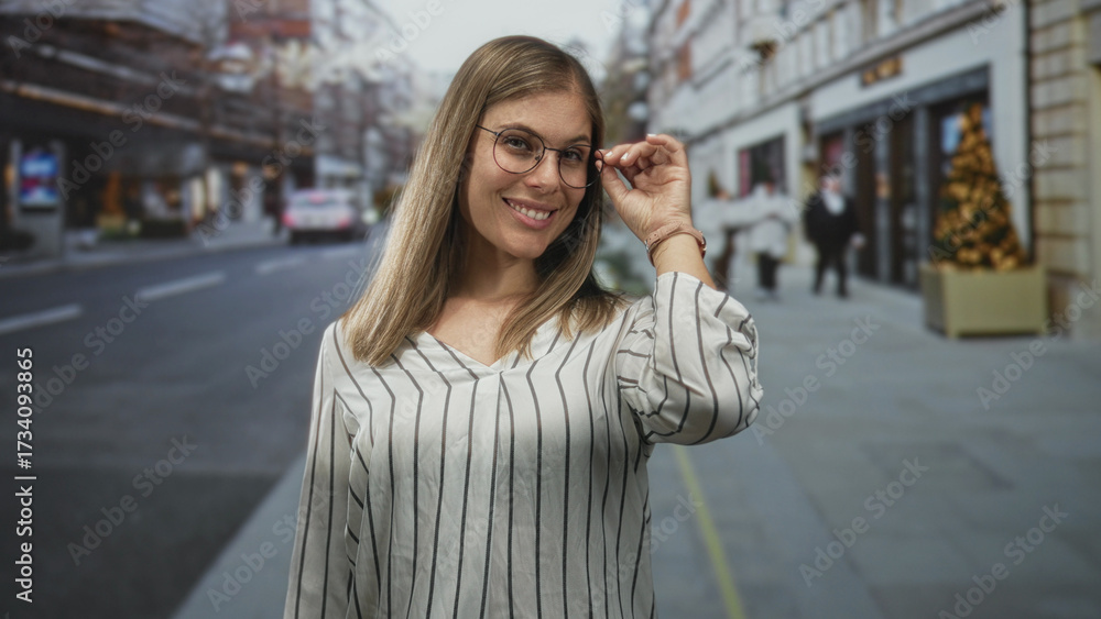 Fototapeta premium Woman wearing striped shirt adjusts her round glasses with a gentle smile while standing on a bustling city street; confidence.