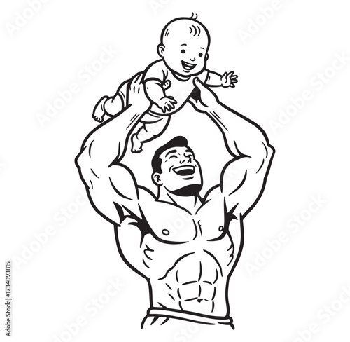 Strong father lifting cheerful baby black and white graphic illustrating parenthood and joy