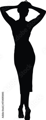 Elegant Woman Silhouette Pose with Hands Behind Head, Stylish Female Figure Vector