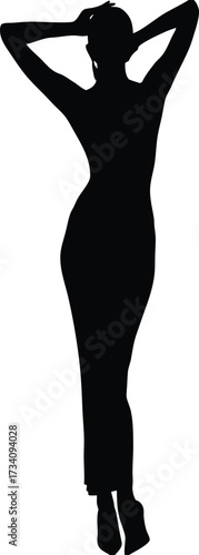 Elegant Female Silhouette in Long Dress, Graceful Pose