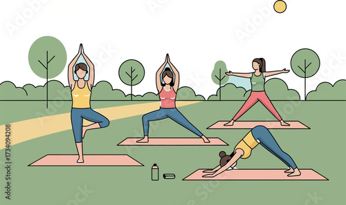 Diverse Group Practicing Yoga Outdoors in a Park