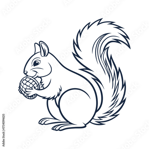 A charming line drawing of a squirrel holding a nut with its paws