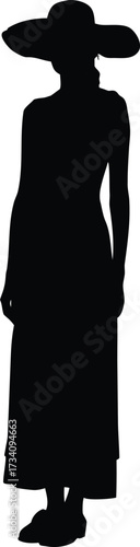 Woman in Wide Brim Hat and Long Dress Silhouette