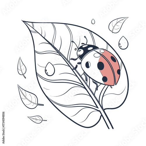A cute ladybug rests on a large leaf with dew drops and other leaves in the background