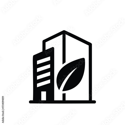 Modern eco-friendly building with a large leaf symbol emphasizing sustainability and environmentally conscious architecture