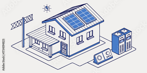 Simple off-grid solar cell system with house concept, inverter, panels, and components infographic vector.