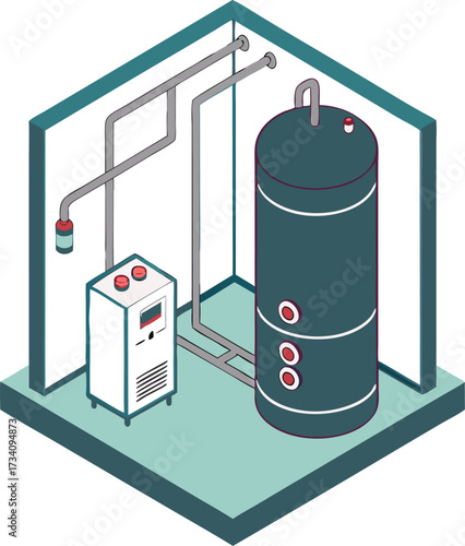 Gas boiler water heater home installation isometric isolated vector.