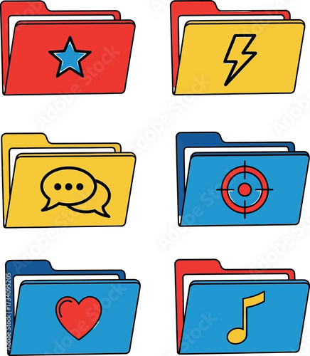 Vector Icons: Folders with Symbols (Star, Bolt, Chat, Target, Heart, M