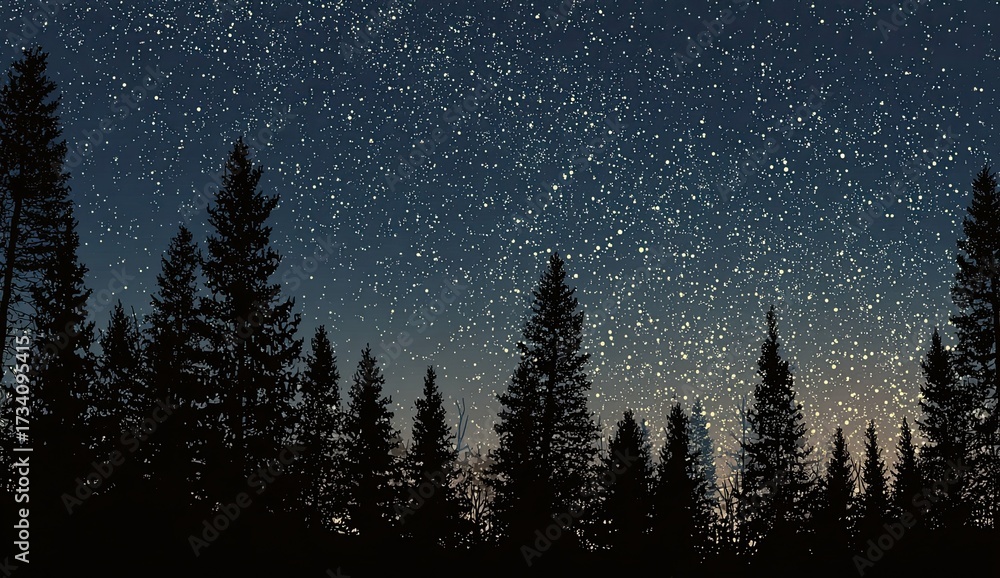 Fototapeta premium Silhouette of tall pine trees against a star-studded night sky