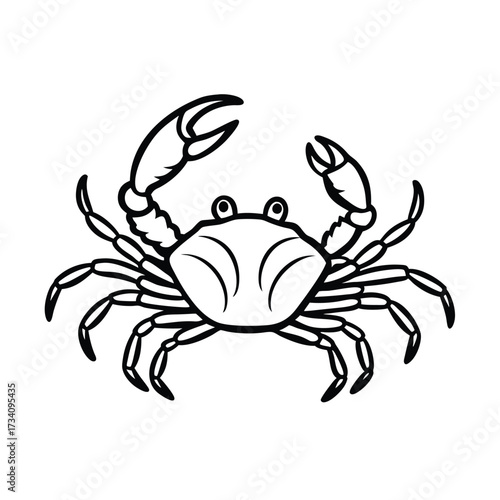 A simple black and white line drawing of a crab with its claws raised