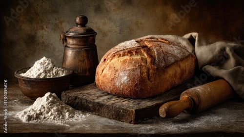 Rustic loaf of bread on a weathered wooden board, surrounded by flour and a rolling pin