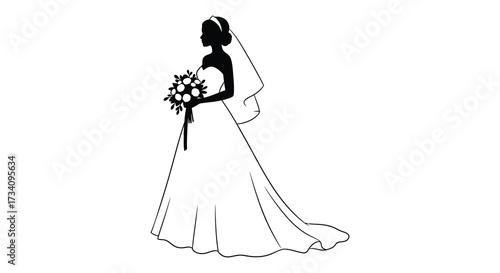Elegant bride in wedding dress holding bouquet a black silhouette