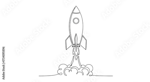 Minimalist rocket one-line drawing isolate vector illustration