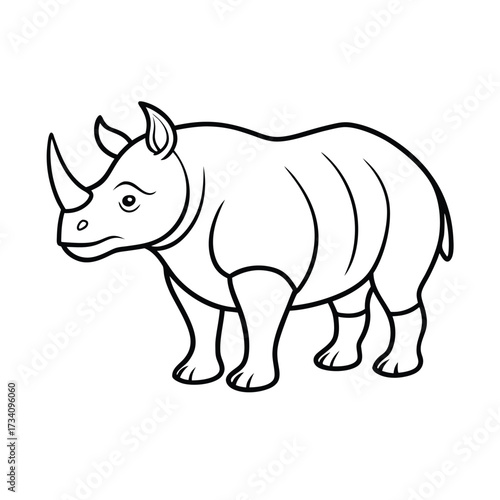 A simple line drawing of a rhinoceros standing sideways