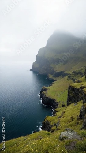 Coastal cliffside vista with green grass and misty conditions