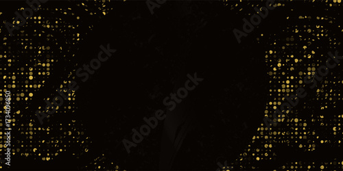 Abstract golden glittering halftone background. Luxurious glowing dots circle. Festive round frame for graphic design. Retro background. Vector illustration. EPS 10.