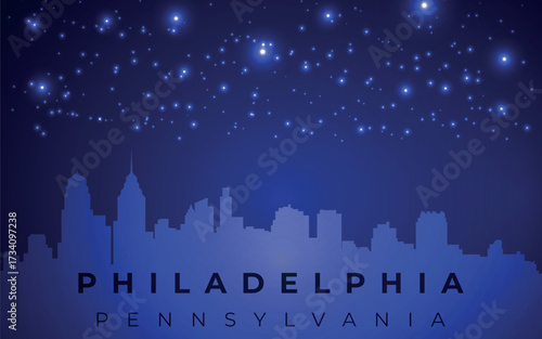 Silhouette of the city of Philadelphia, Pennsylvania, against the backdrop of a night sky with countless stars. The silhouette includes the outlines of high-rise buildings.