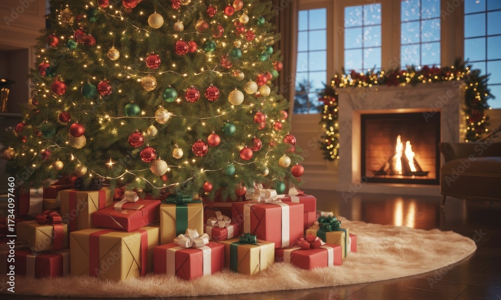 Obraz premium Christmas tree in a living room with presents