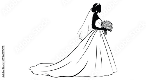 Elegant bride in a flowing gown with bouquet a striking silhouette