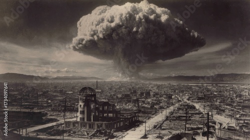Fototapeta Atomic bomb explosion aftermath Hiroshima city ruins