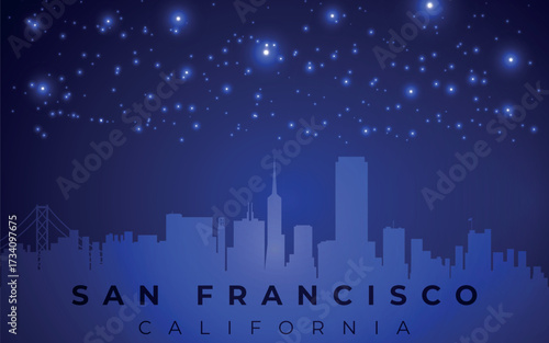 a stylized skyline of San Francisco, California, depicted as a silhouette against a dark blue background with scattered white stars, creating a night sky effect.