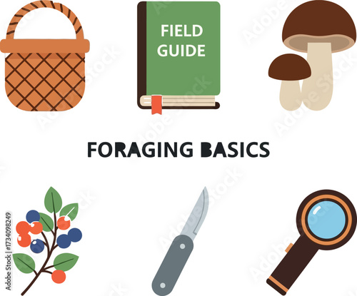 Foraging Icons: Basket, Book, Mushrooms, Berries, Knife, Magnifier