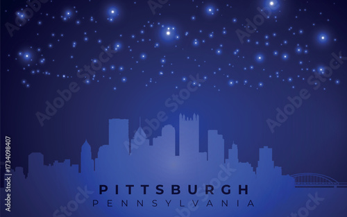 a stylized skyline of Pittsburgh, Pennsylvania, depicted as a silhouette against a dark blue background with scattered white stars, creating a night sky effect.