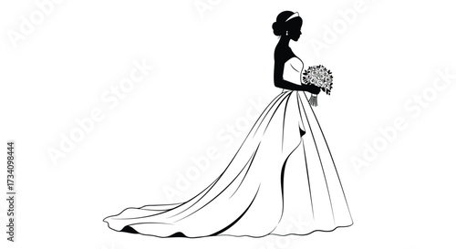 Elegant woman in a wedding dress holding flowers black and white silhouette