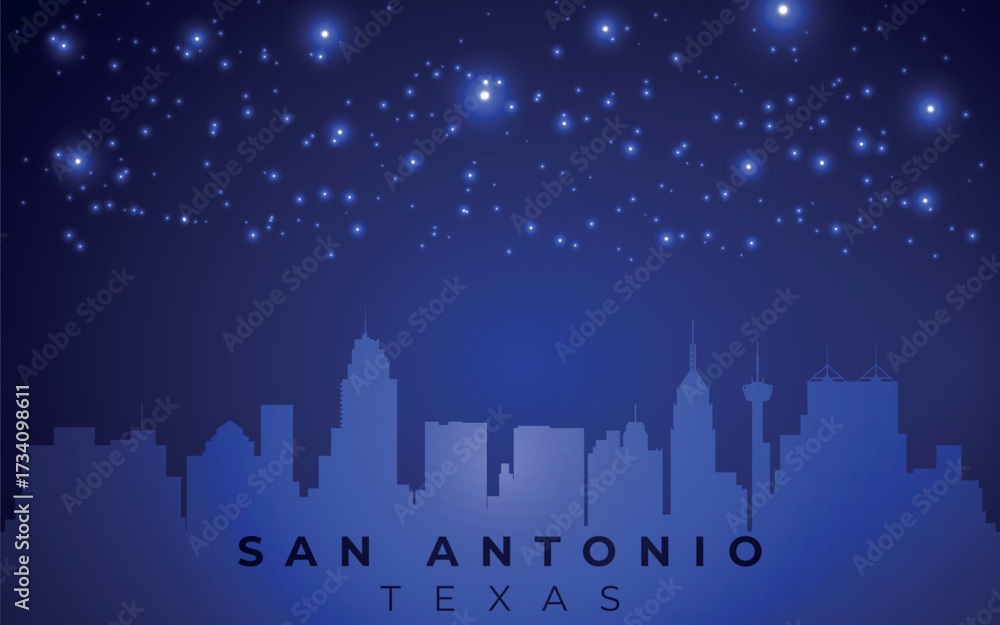 Fototapeta premium a stylized skyline of San Antonio, Texas, depicted as a silhouette against a dark blue background with scattered white stars, creating a night sky effect.