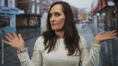 Wallpaper Mural Woman standing outdoors on a bustling city street with a thoughtful expression, conveying curiosity and contemplation in an urban environment. Torontodigital.ca