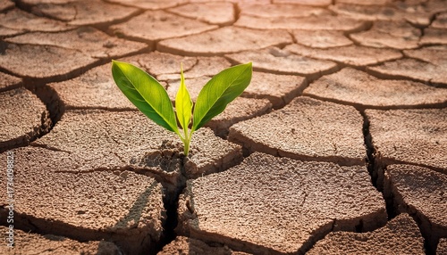 single green plant growing in cracked dry earth