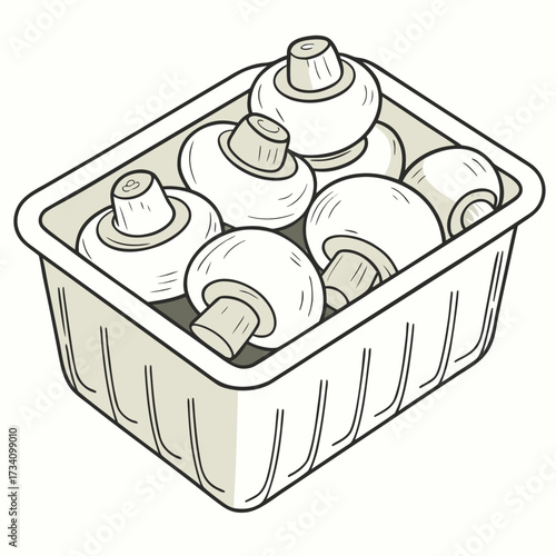A plastic container filled with whole white mushrooms, each with rounded caps and short stems, packed closely together. Typical grocery store packaging for fresh produce.