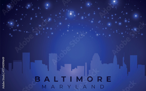 silhouette of the city against the backdrop of the starry night sky. In the foreground, you can see the outline of skyscrapers representing the skyline of Baltimore, Maryland.
