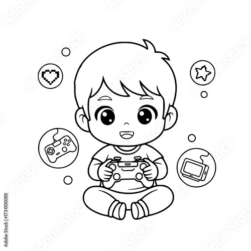 Cute boy playing robot toy outline illustration