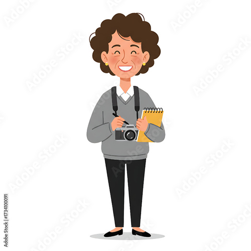 Cheerful Cartoon Woman Photographer with Camera and Notebook