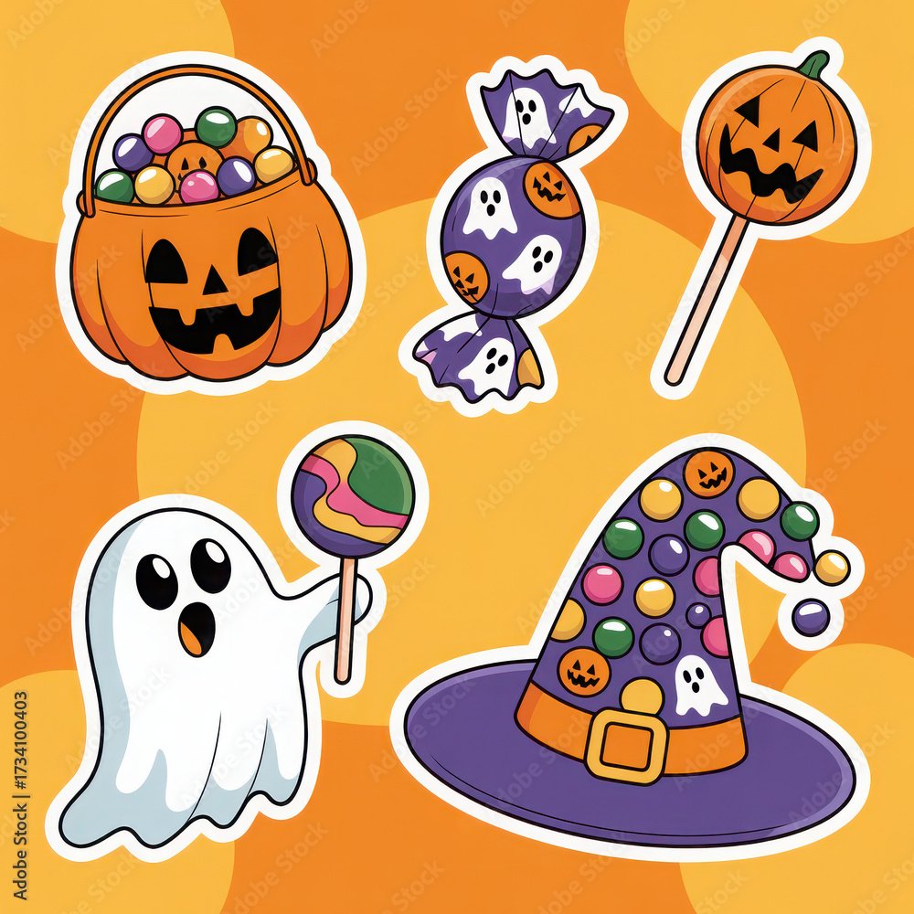 Fototapeta premium A cute Halloween collection featuring a jack o' lantern candy bucket ghost witch hat and various candies